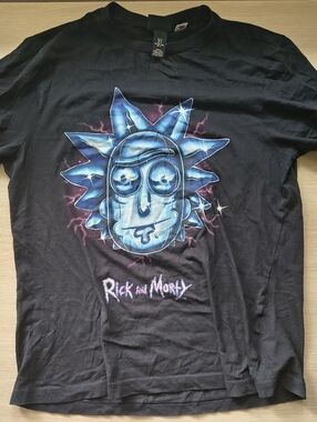 H&M Black Short Sleeve Tee Rick And Morty Rick Blue Metallic Face
